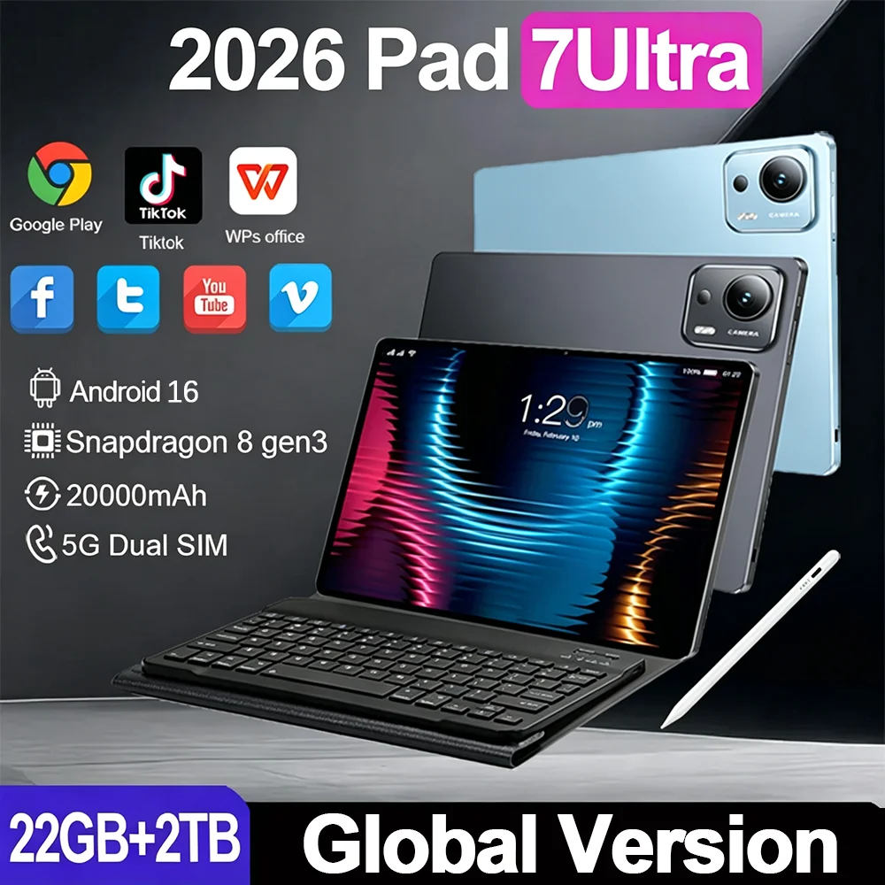 Фото Новый планшет Pad 7 Ultra 2026 года, Android 16, 11-дюймовый дисплей, 22 ГБ + 2 ТБ, две SIM-карты, Snapdragon 8 Gen3, 20000 мАч, оригинальный планшетный ПК. №1