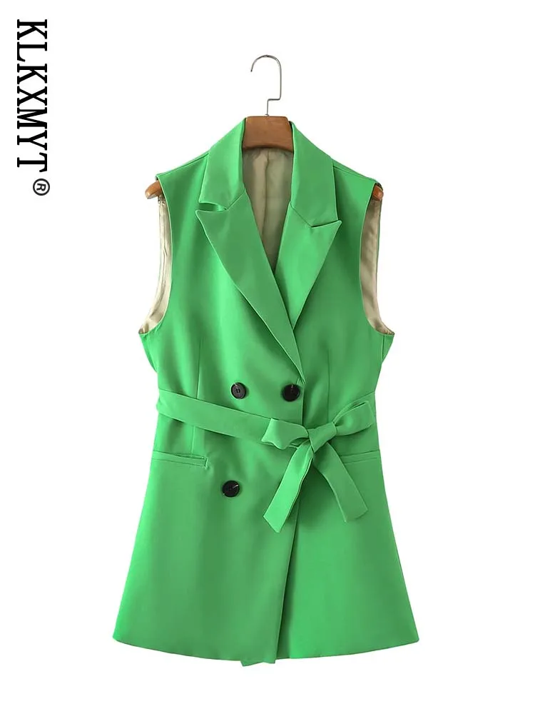 

Zar Traf Women 2022 Fashion With Belt Long Double Breasted Waistcoat Vintage Sleeveless Female Outerwear Chic Tops
