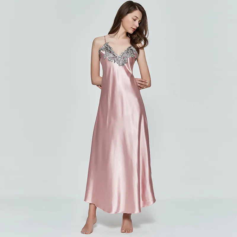 

Silky Silk Long Nightdress For Women Spaghetti Straps Nightgown Satin Sleepwear Ladies Sexy Lace Fringe Dress Nightie Homewear