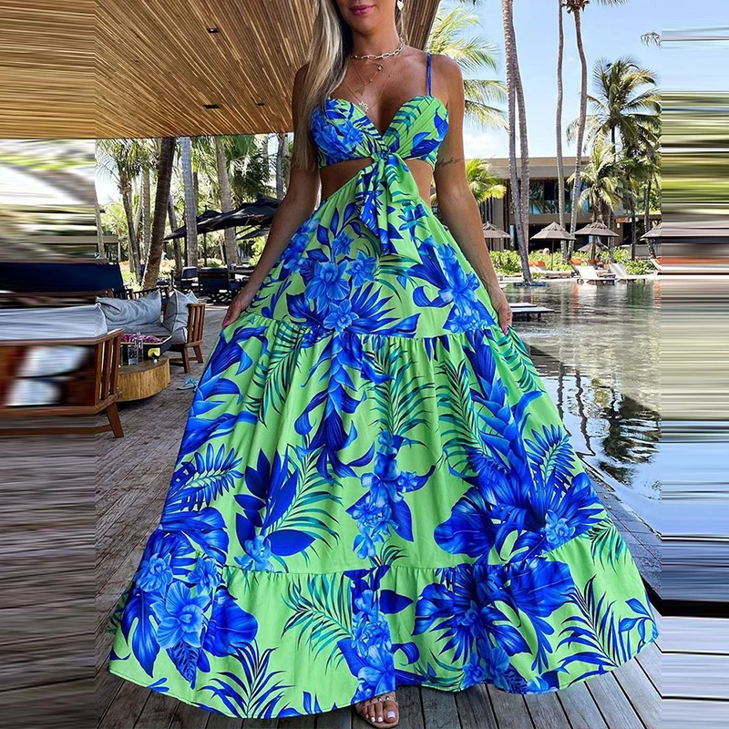 

Fashion Chic Hollow Out Pleated Boho Maxi Dress Summer Women Spaghetti Strap Print Long Dress Ladies Sexy Backless Party Dresses