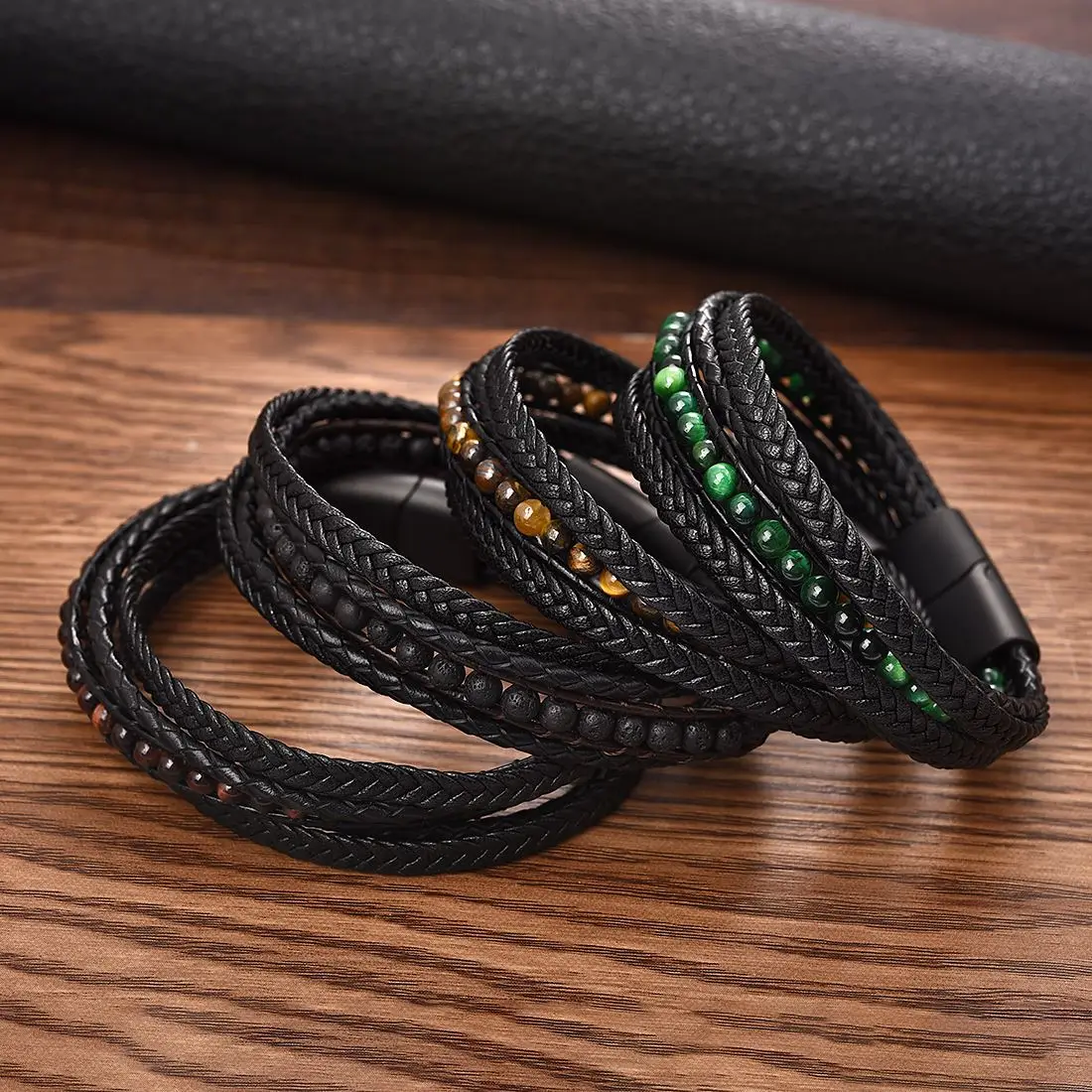 

Fashion Men Natural Stone Beads Bracelet Multilayer Leather Bracelet Punk Jewelry Stainless Steel Magnetic Clasp Wrap Bangles