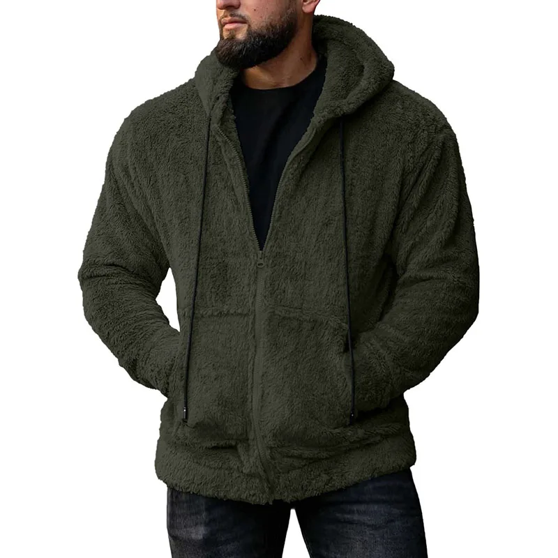 

Men's Fleece Jackets Hooded Cardigan Long Sleeve Solid Color Loose Zipper Coats For Men Vintage Wool Sweatercoat Fall Streetwear
