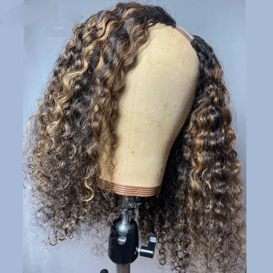 Soft Highlight Blonde 24 inch Kinky Curly U Part Wig European Remy Human Hair Wig Jewish Glueless For Black Women Daily Wear