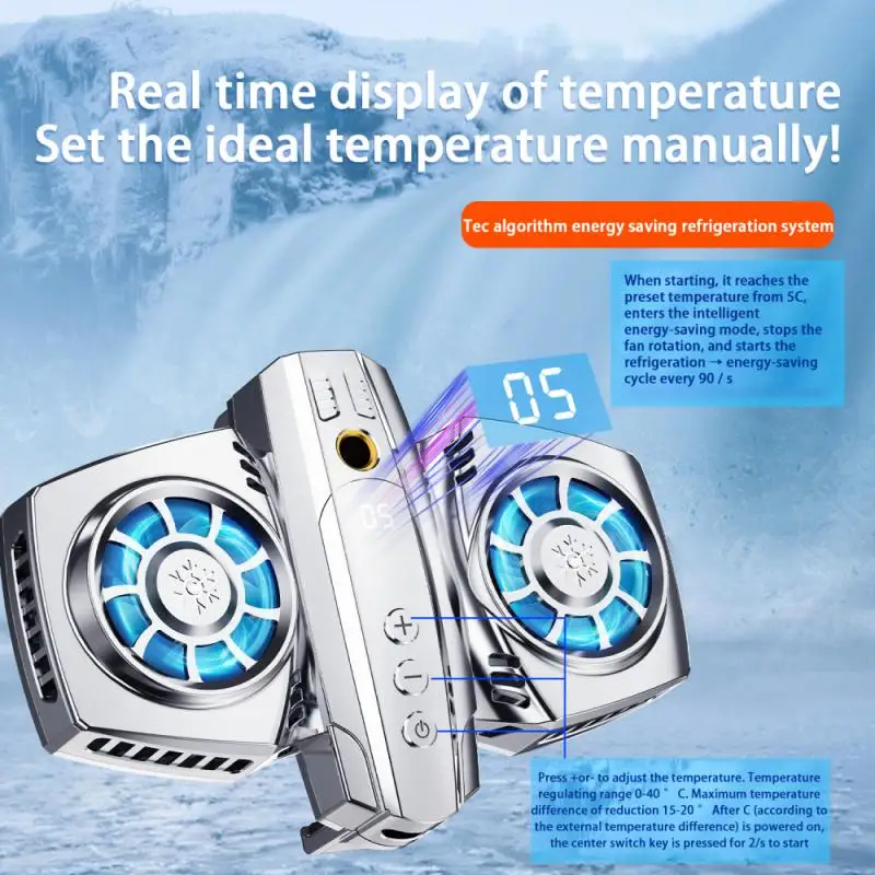 

Phone Cooler Dual Cooling Fan Mobile Phone Radiator Rgb Colorful Lights With Smartphone Temperature Display