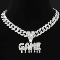 men women hip hop game letters pendant necklace with 13mm miami crystal cuban chain iced out necklaces bling male charm jewelry
