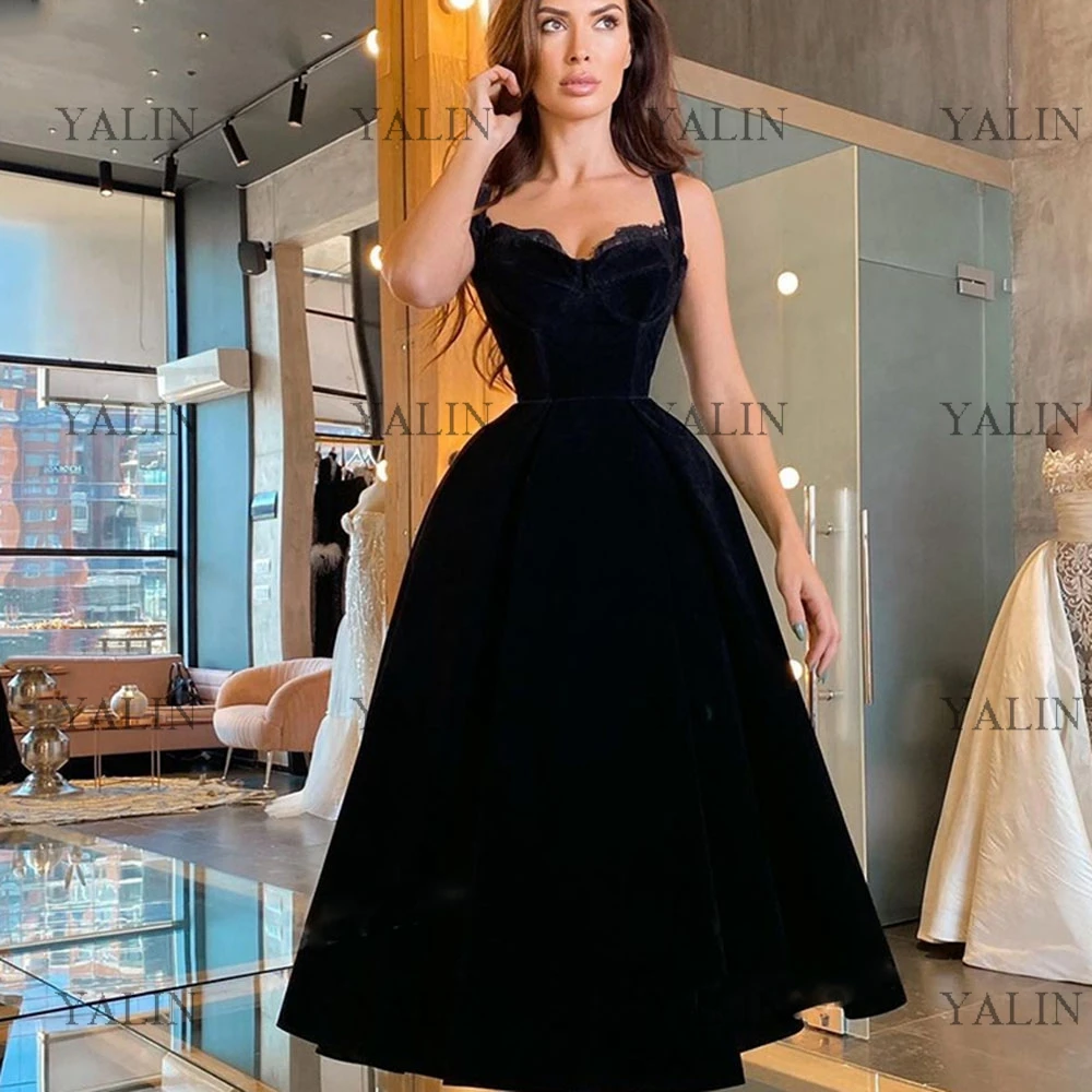 

YALIN Formal Sweetheart Backless Party Dresses Tea-Length Spaghetti Straps A-Line Homecoming Gown Black Velvet Midi Prom Dress