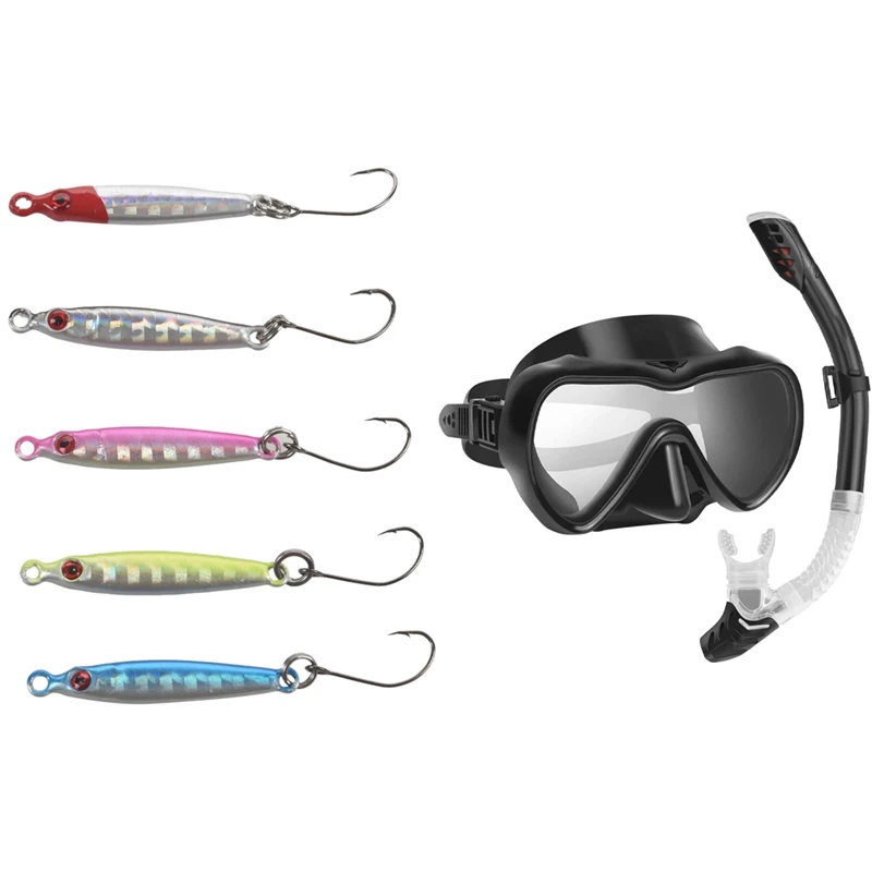 

5 Pcs Metal Jig Spoon Lure 3G/3.4Cm Artificial Bait & 2 Pcs Snorkel Set Anti-Fog Snorkel Mask With Snorkel Tube