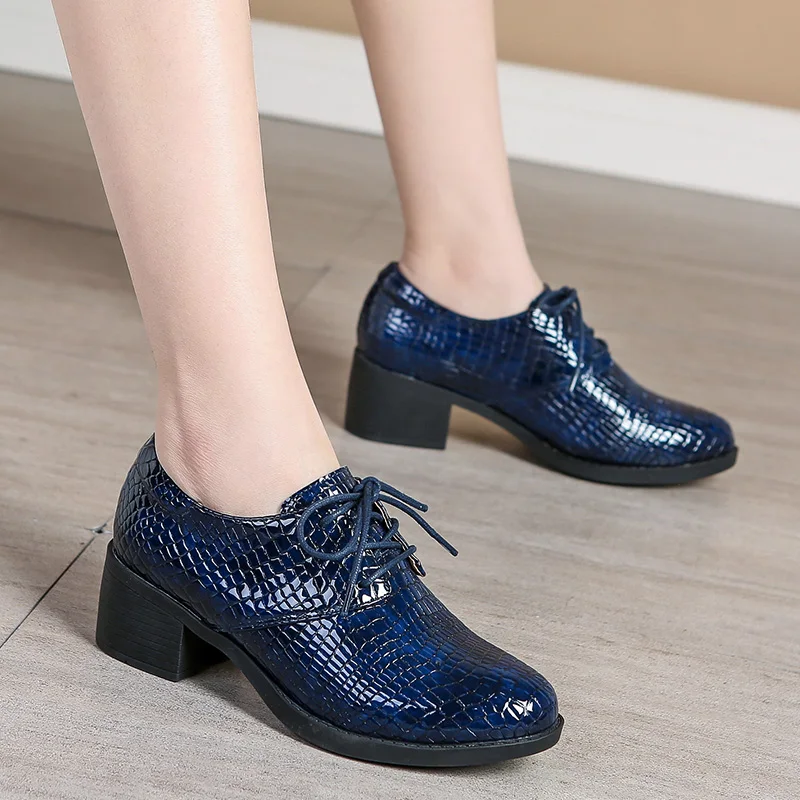 Patent Leather British Leather Shoes Women's Soft Leather Deep Mouth Single Heel Spring and Winter Lacing Shoes