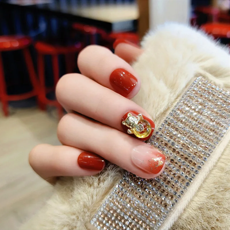 

24Pcs 3D Artifical Fake Nail Patch with Glue Diy Handmade Red Silver Edge Removable Wearing Nail Manicure Press On Nails Sticker