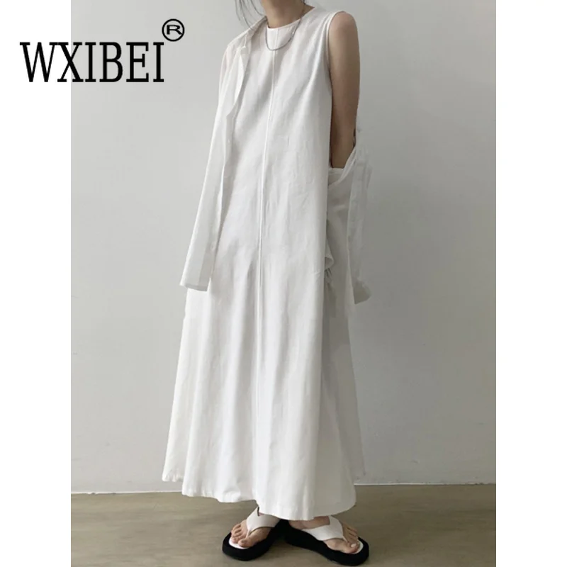 

WXIBEI Plain Dress For Women Round Neck Sleeveless Casual Loose Maxi Dresses Female 2023 Summer Fashion Korean Clothing FC705