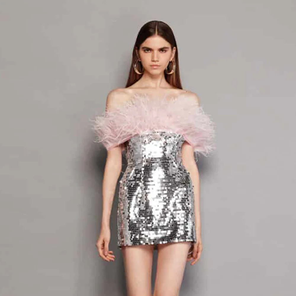 Elegant Evening Dress 2023 Summer Sleeveless Off Shoulser Sequin Feather Splicing Package Hip Dress Fashion New Chic Mini Dress
