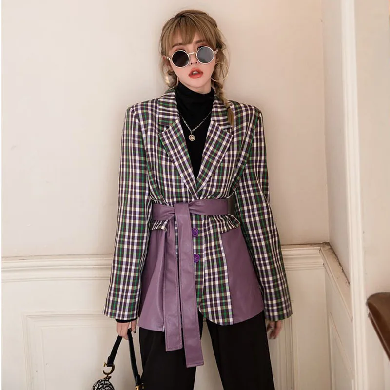 

Streetwear Fashion Faux PU Leather Splicing Plaid Suit Jacket Casual With Belt Spring Lapel Long Sleeve Women Blazers Outwear