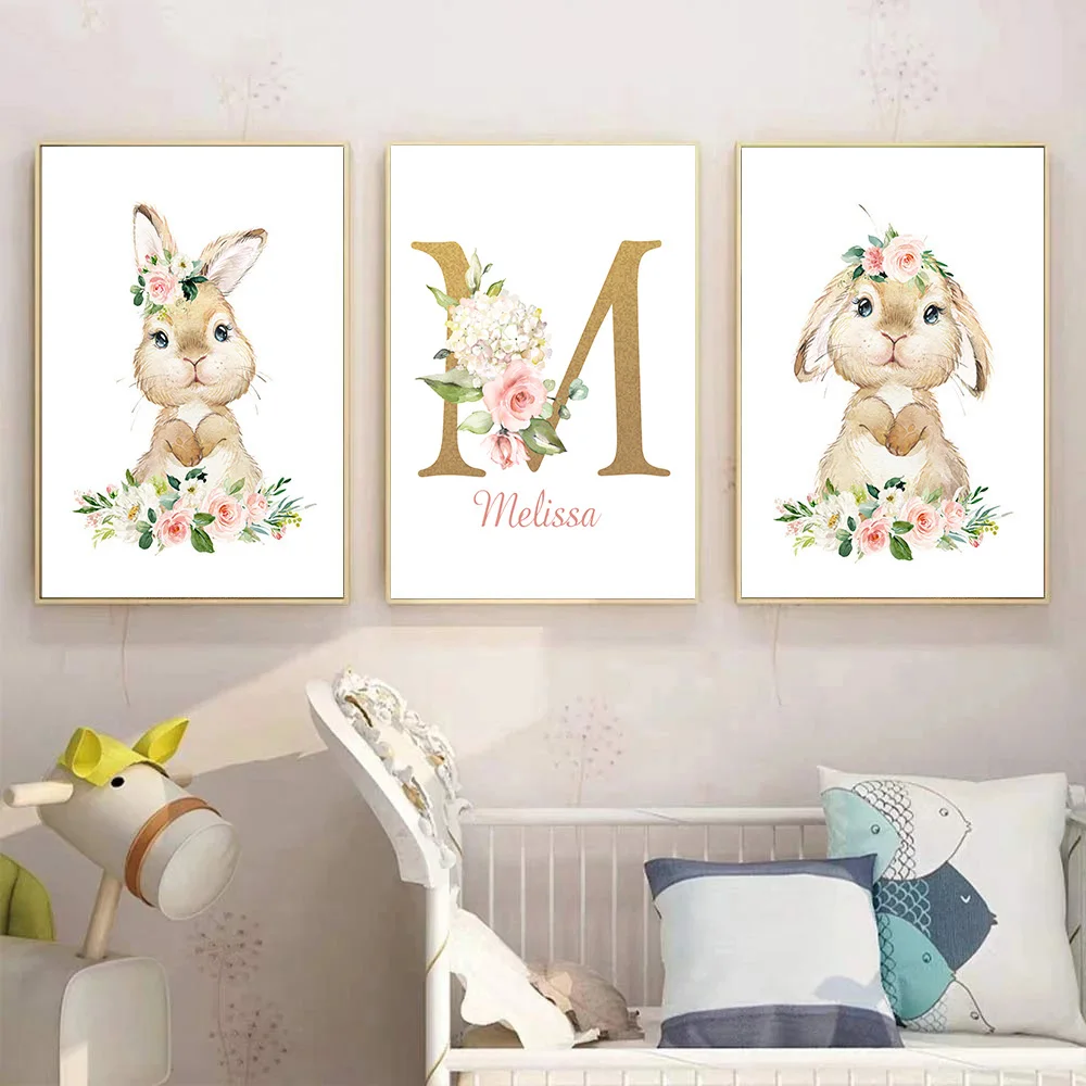 

Personalized Girl Name Wall Poster Nursery Wall Art Print Flower Rabbit PaintingCanvas Animals Pictures for Baby Bedroom Decor