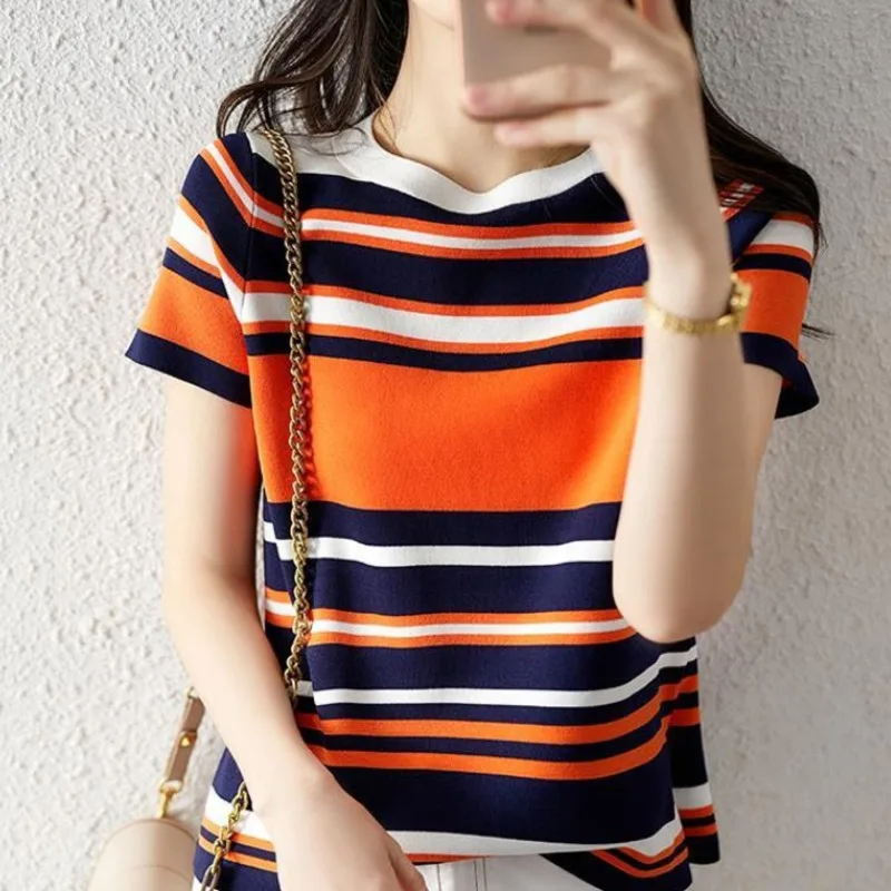 

#3751 Striped Knitted T Shirt Women Korean Style Tee Shirt Femme Elastic Cotton Thin Basic T Shirt Woman Short Sleeve Summer