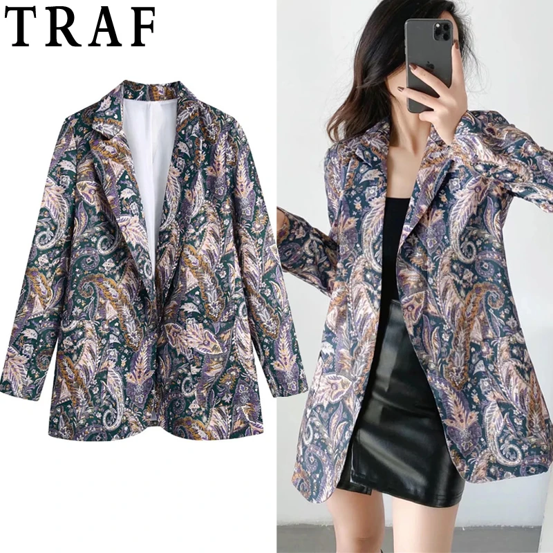 

TRAF Zar Print Woman Blazer Vintage Loose Jacket Women Jacquard Long Blazers Long Sleeve Office Lady Elegant Button Jackets