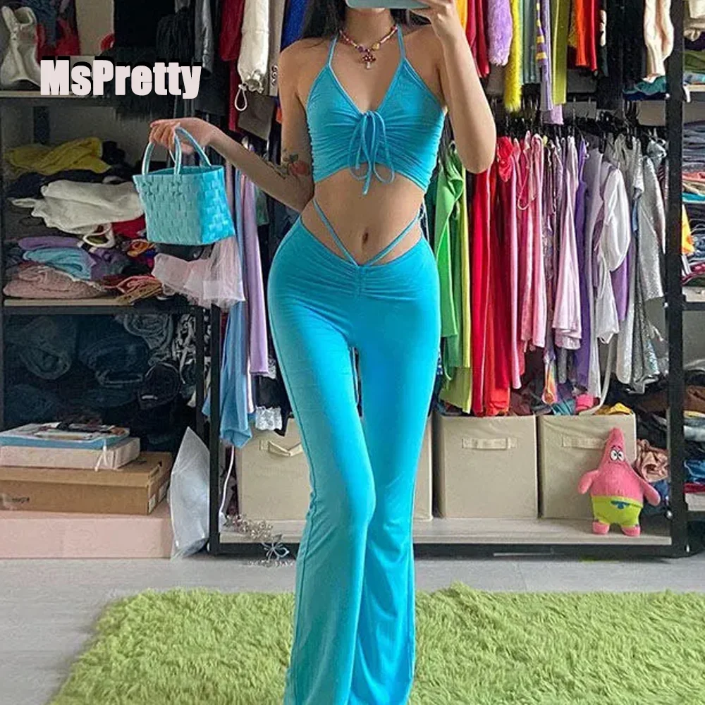 

MsPretty Sexy Suspender + Long Pants Set Fashion Solid Bandage Halter Tops Bodycon y2K Summer Yoga Suit 2022 Women's Clothing