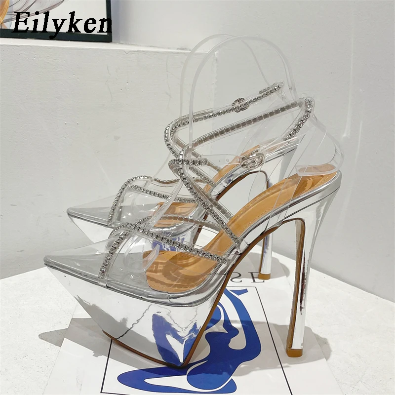 

Eilyken/женские прозрачные босоножки из ПВХ на платформе в уличном стиле; Пикантные свадебные туфли на высоком каблуке с кристаллами; Летние женские туфли-лодочки