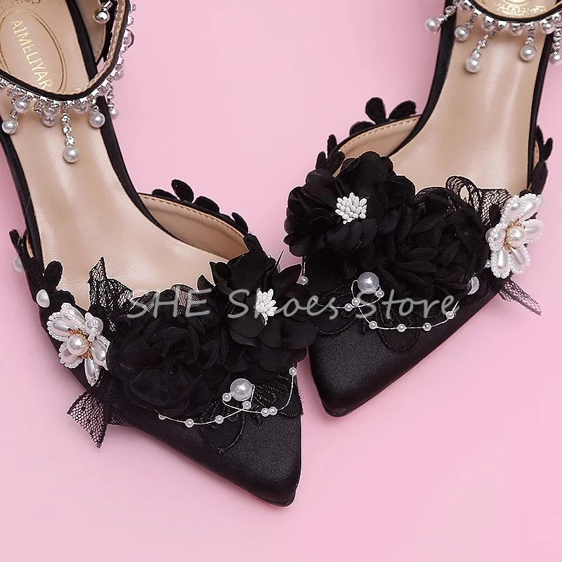 Женские босоножки с жемчужинами свадебные туфли одним ремешком цветами
