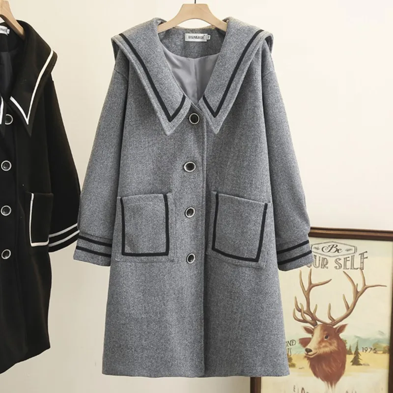 5XL Plus Size Women Woolen Overcoat 2022 Autumn Winter Sailor Collar Striped Temperament Loose Single-Breasted Warm Long Coat