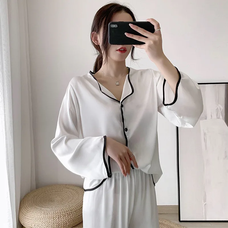 Autumn and Winter Women's Pajamas Wall Cotton Long Sleeved Pajamas Women's Thin White Popular Silk Home Clothes Suit 2 Piece