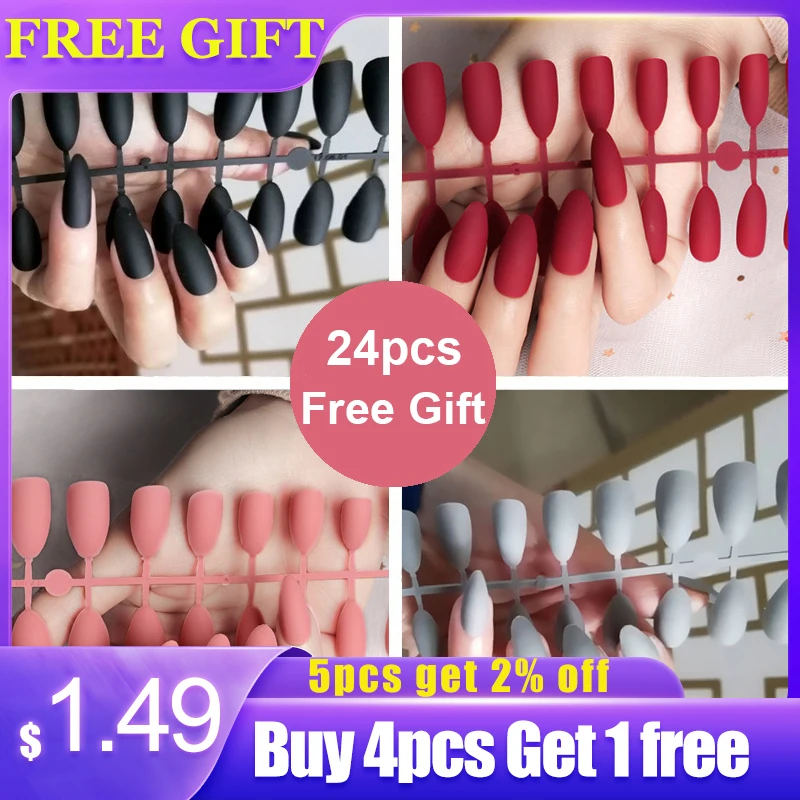 

24pcs fake nails set press on faux ongles capsule tips supplies DIY matte black red nude french pointed false acrylic nails kits