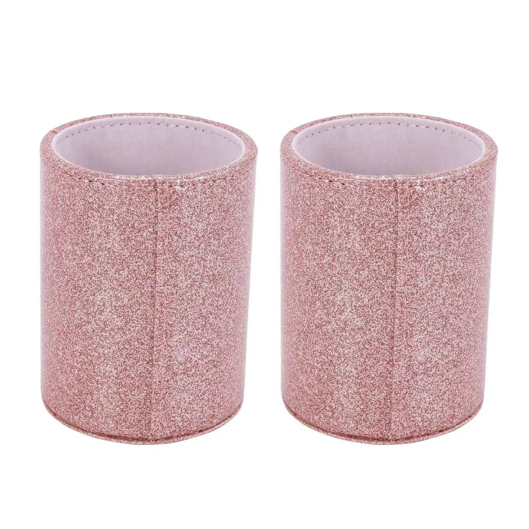 

2X PU Glitter Pen Holder Pencil Cup Shiny Makeup Brush Holder Organizer Cup For Desk Office Classroom Home (Rose Gold)