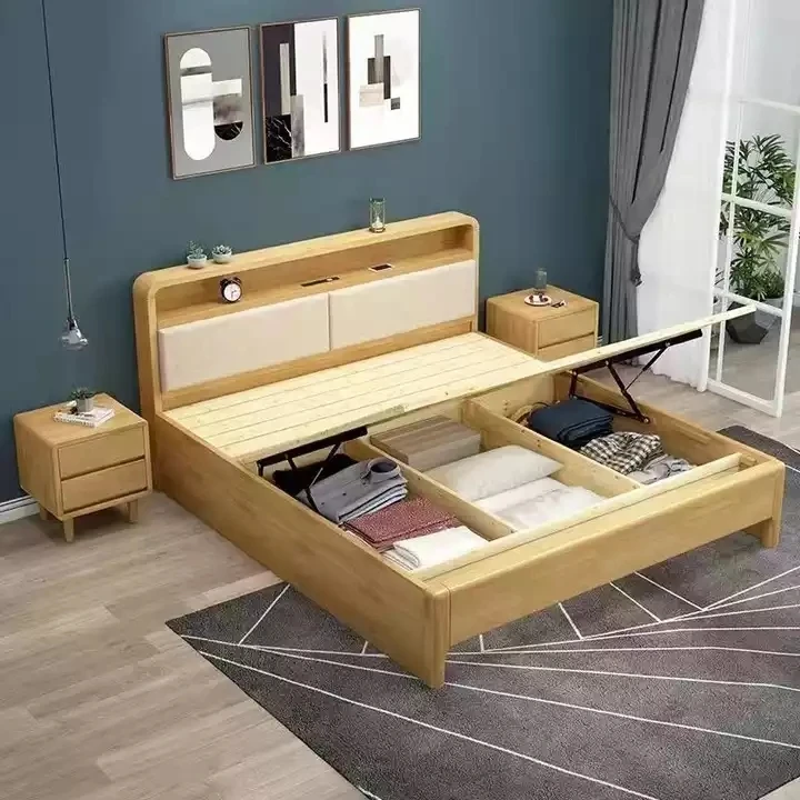 Oak Wooden Bed With Storage Headboard For Bedroom