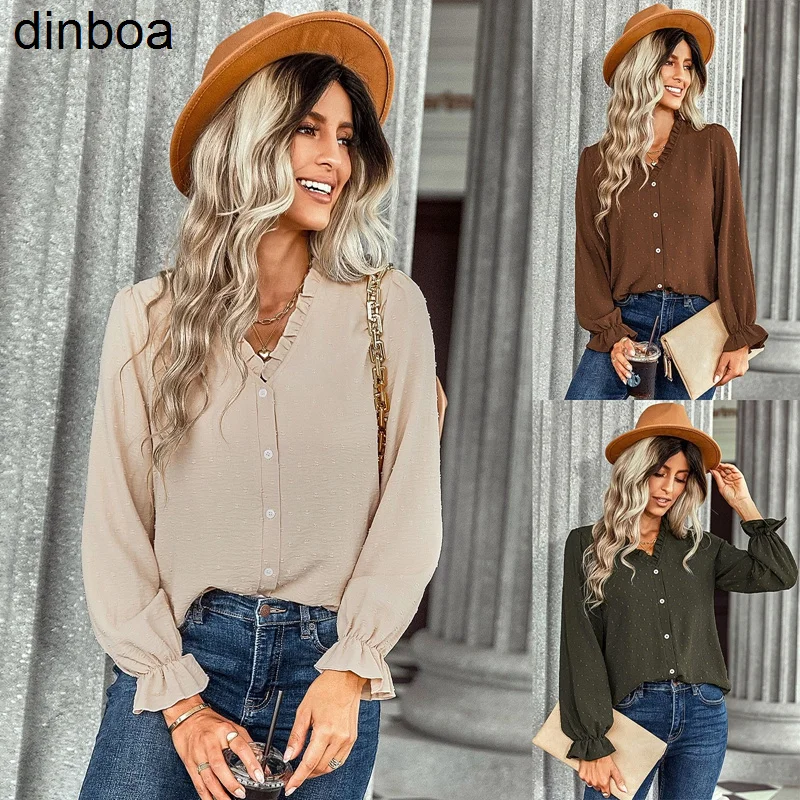 

Dinboa-new Stranger Things Women's Shirt Early Autumn V-neck Shirt Women's Fashion Casual Versatile Polka Dot Shirt Topt-shirts
