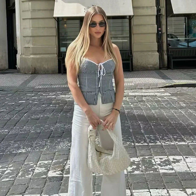 Топ женский летний в клетку элегантный клетчатый Молодежный топ-труба модный