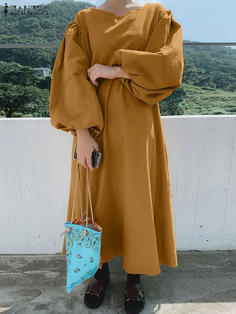 

ZANZEA 2023 Women Maxi Dress Oversize Elegant Puff Sleeves O Neck Pleated Casual Solid A Line Sundress Baggy Robe Femme Vestidos