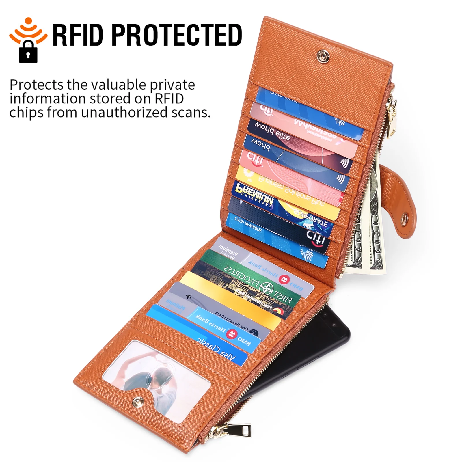 Genuine Leather Women Long Wallet Genuine Leather Coin Purse Solid Card Holder Accordion Card Slots Double Zipper Pocket