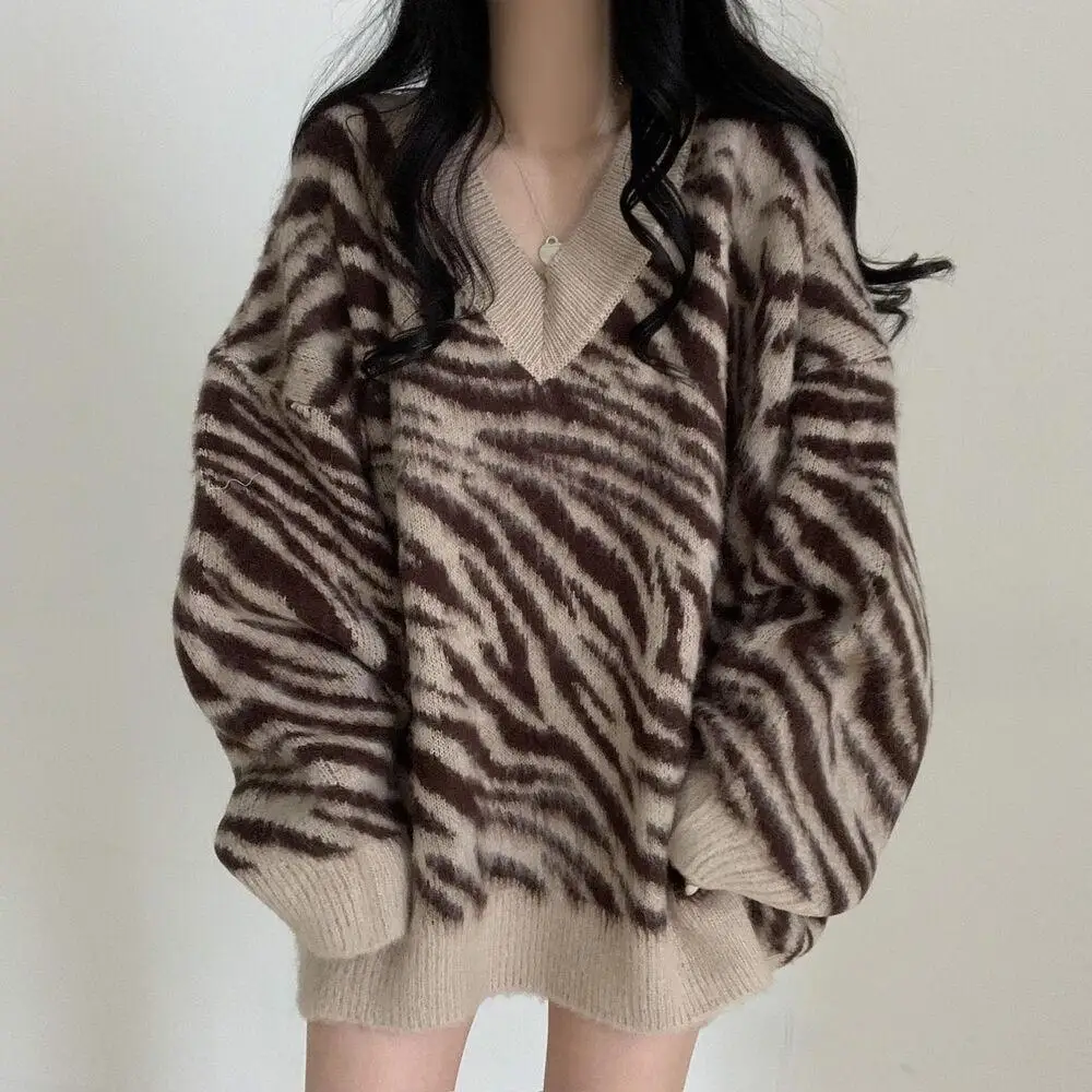 

Sweater Women Autumn Winter V Neck Striped Loose Chic Pullover Women Vintage Elegant Fashion Casual Sueters 2023 New