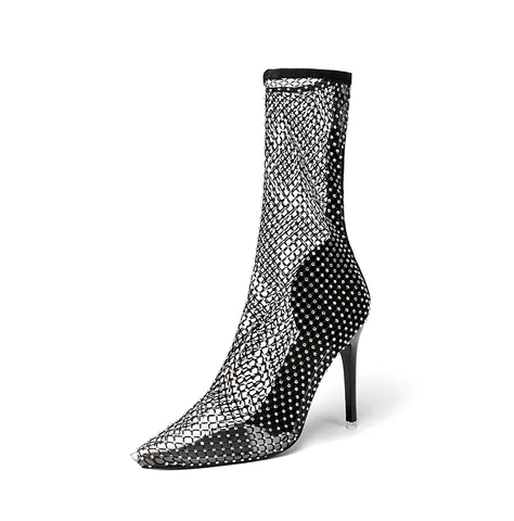 2022 шикарные женские туфли Стразы сетки; Сандалии с острым носком; Ботильоны на высоком каблуке-шпильке; Женская обувь с украшением в виде кристаллов; Обувь из сетчатого материала; Сандалии