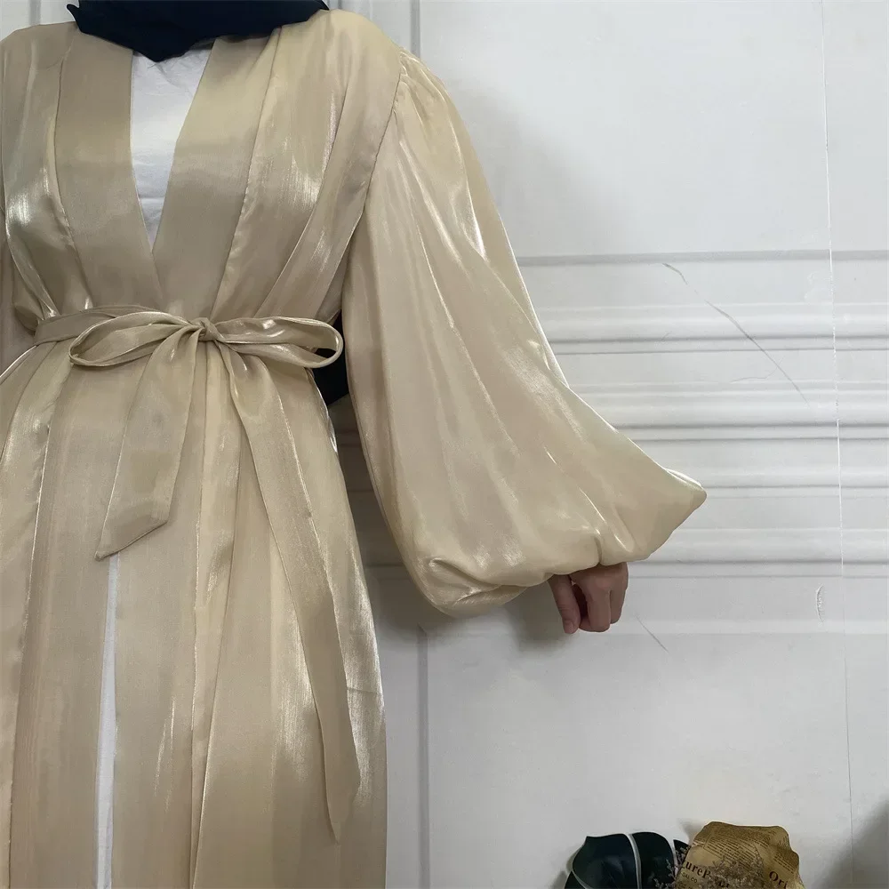 Ид Мубарак Блестящие атласные открытые кимоно Абая Femme Musulmane с пышными рукавами