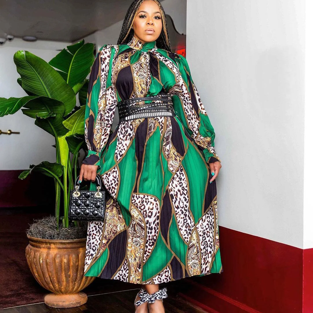 

African Dress Women Print Long Sleeve Pleated Long Dresses Vestido De Mujer Office Lady Streetwear 2022 Spring Vestidos Traf