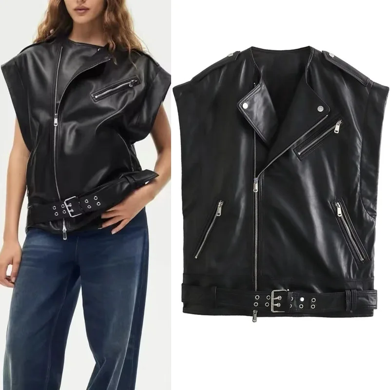 

TRAF Black Zippers Oversize Leather Vest Woman Streetwear Lapel Round Collar Sleeveless Jackets Autumn Pockets Belt At Hem Coats