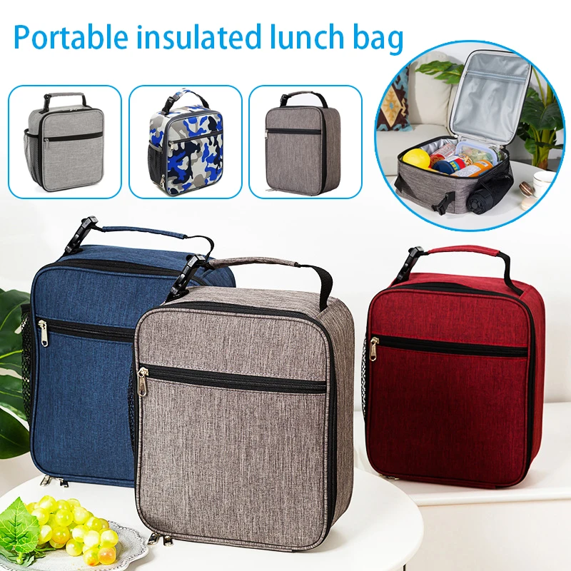 Insulated Lunch Bag Oxford Cloth Zipper Bento Cooler Cube with Side Mesh Pocket Waterproof Picnic 7L PRE