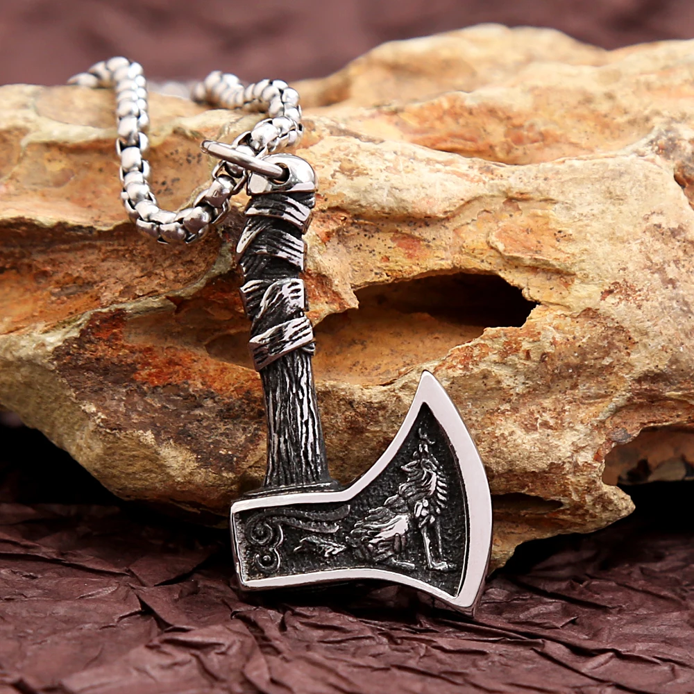 

Vintage Viking Axe Stainless Steel Wolf and Eagle Pendant Necklace Men's Slavic Odin Amulet Necklaces Fashion Charm Jewelry Gift