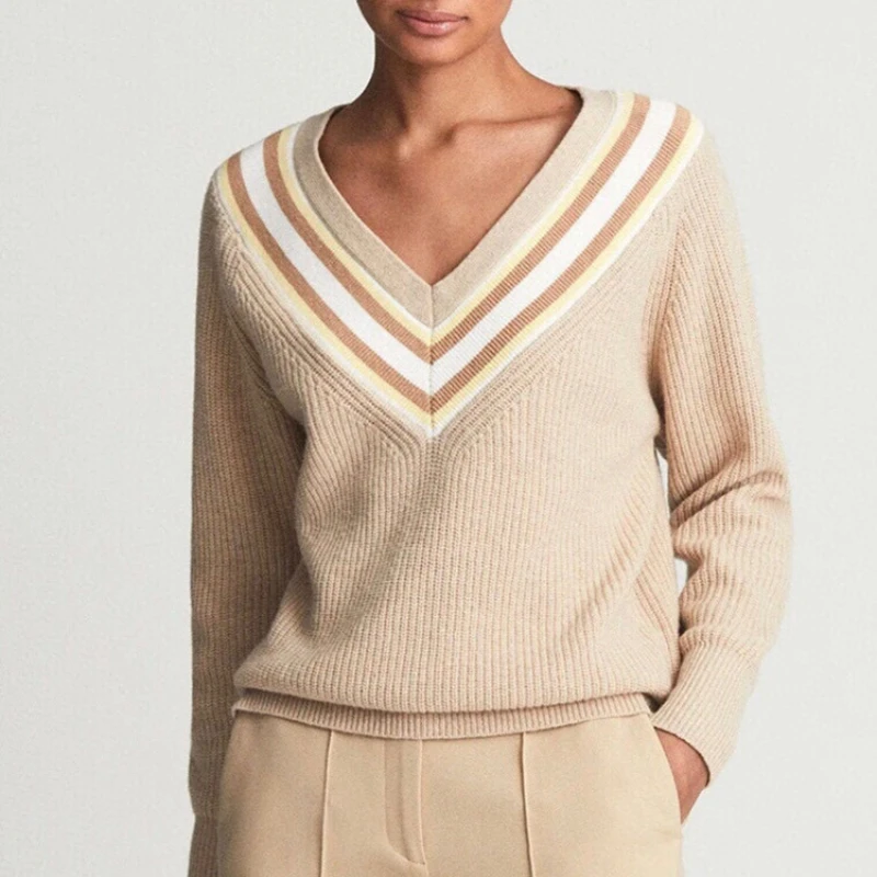 

Wool Blend Women's Stripes Contrast Color Sweater V-neck Simple Fashion Female knit Pullover tops