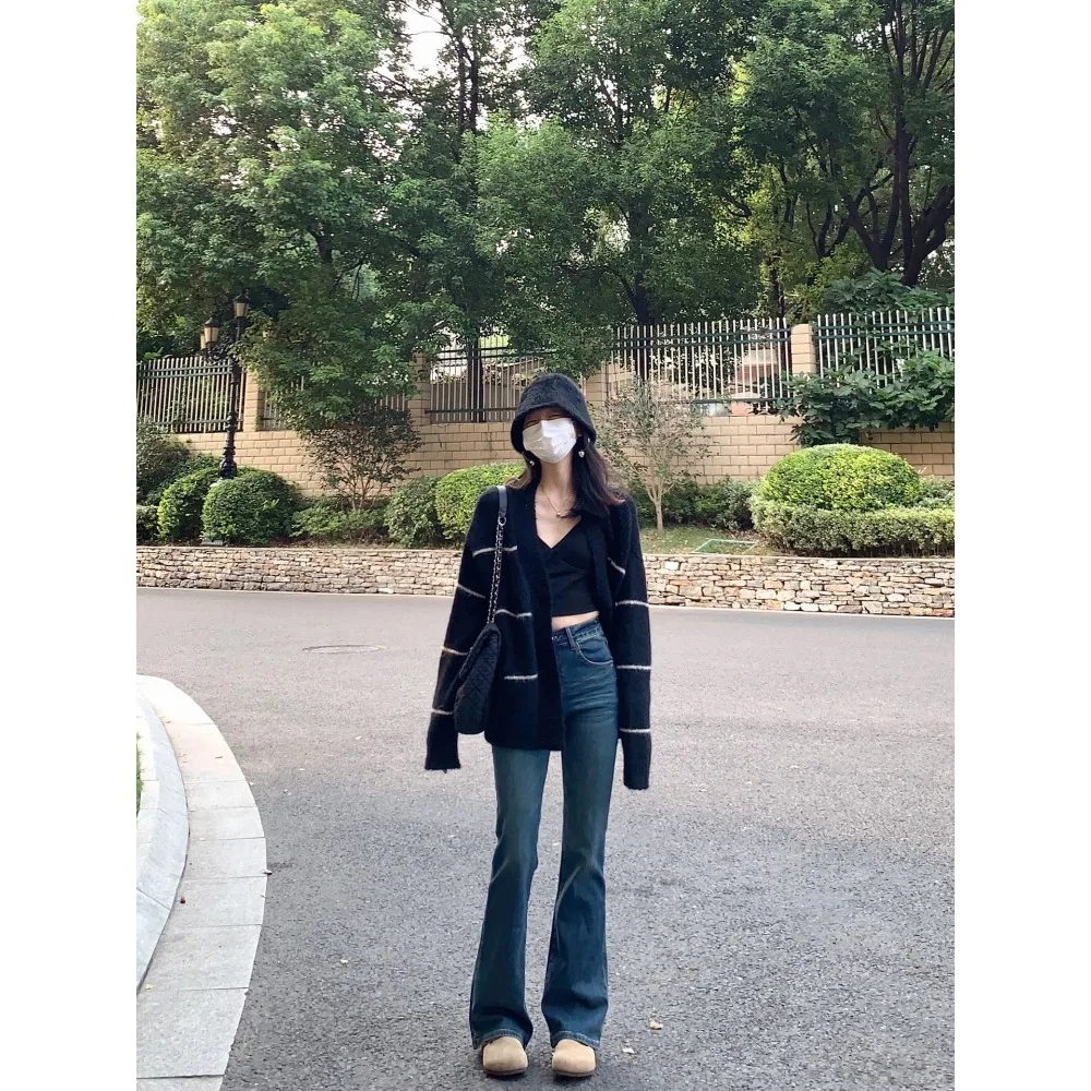 

Lazy casual black sweater for women's autumn design cardigan striped top coat