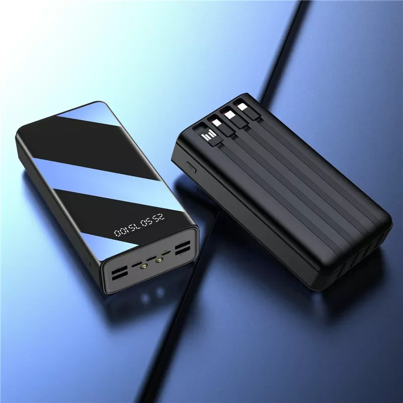 

100000mAh Power Bank with 4 Cables Portable Charger LED Digital Display Mirror Screen Powerbank External Battery Pack Power Bank
