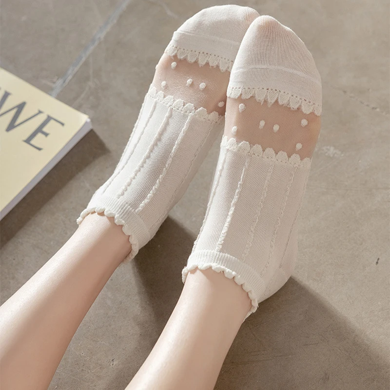 5Pairs Crystal Filament Women Socks Summer Thin Hollow Cool Breathable Flowers White Invisible Boat Socks Mesh Ultra-thin Sock