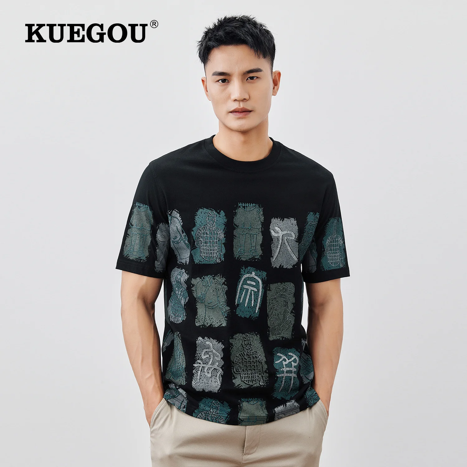 

KUEGOU 100 хлопковая графическая футболка для мужчин, Винтажная футболка с короткими рукавами, топ для мужчин, Корейская летняя футболка большо...