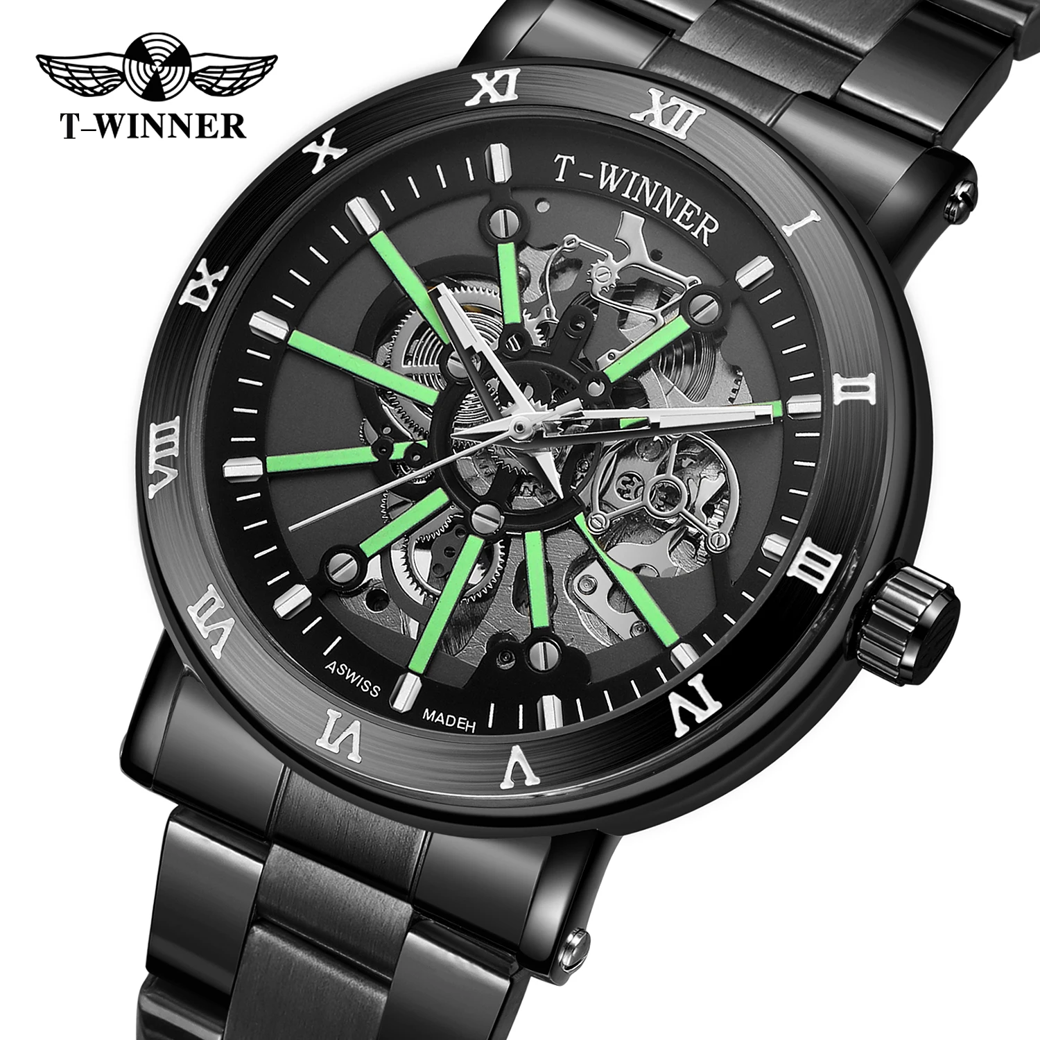 

Winner Fashion Sport Men's Mechanical Watch Black Stainless Steel Strap Luminous Waterproof Luxury Business Classic Style