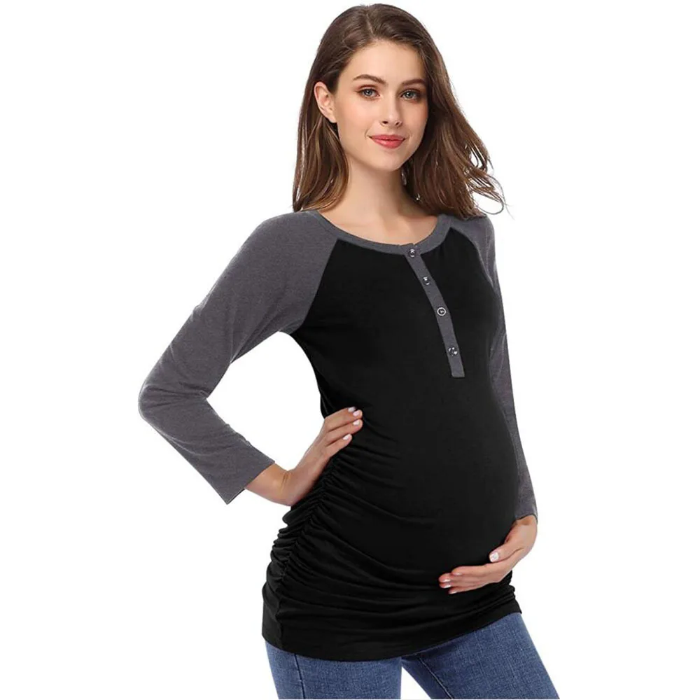 

Maternity Clothes Pregnancy Shirt Nursing Top Single-Breasted Nursing Top Round Neck Raglan Long Sleeve Maternity T-Shirt Comfy