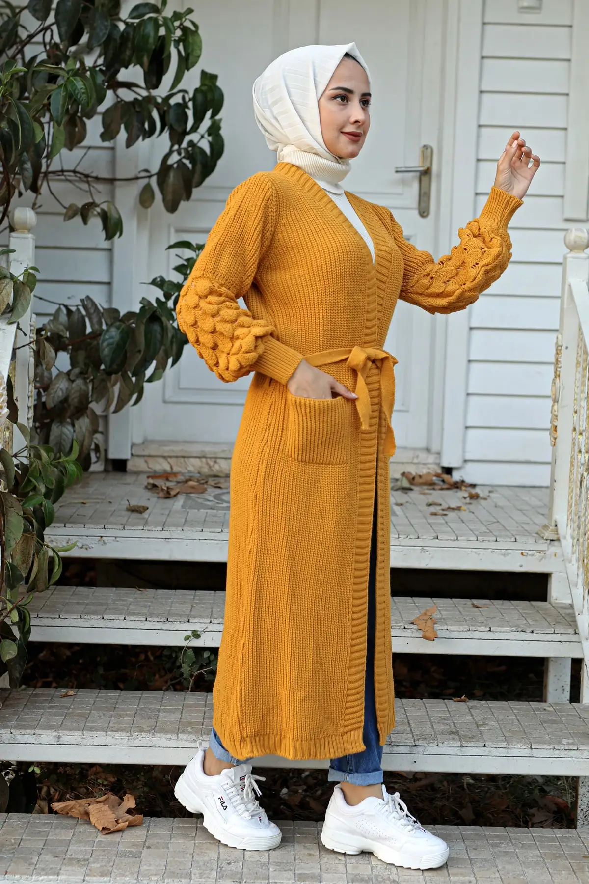 

Balloon Sleeve Pocket Hijab Cardigan-Mustard 02219 KBTRK05050 2205 Women Muslim Sweater