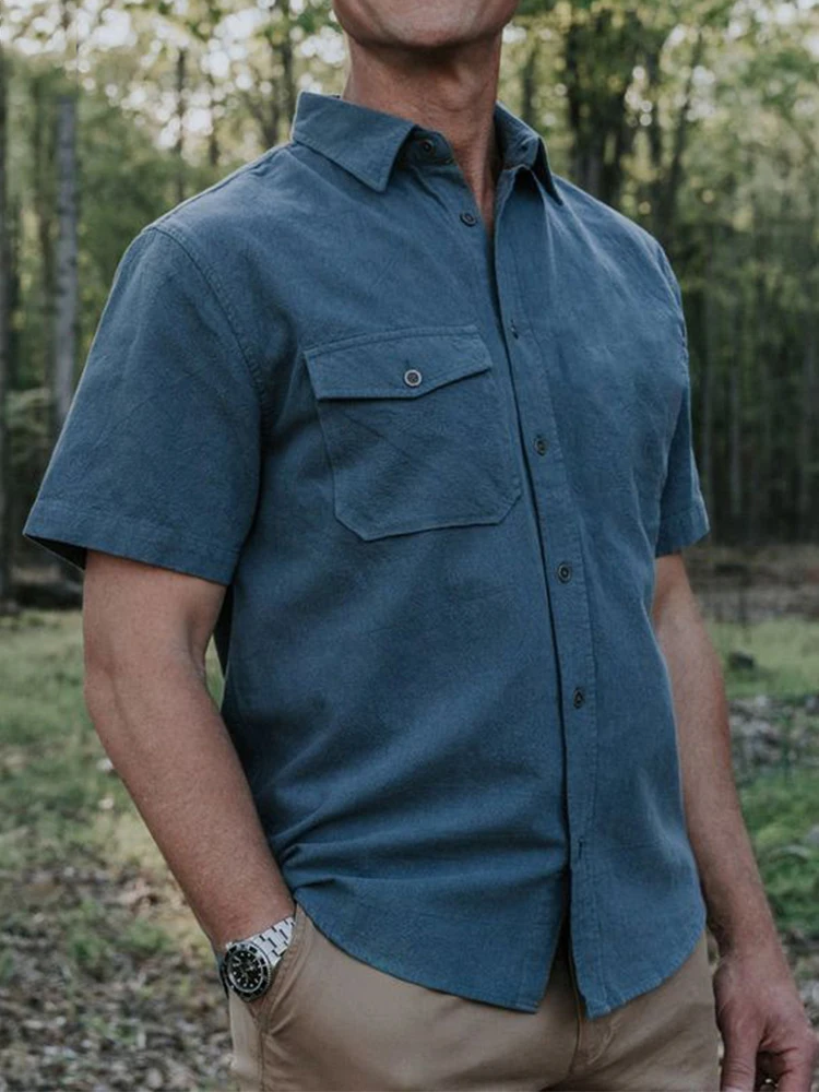 

Men Casual Solid Turn-down Collar Tops Vintage Buttoned Cardigan 2022 Summer Men's Short Sleeve Shirt Fashion Simple Streetwear