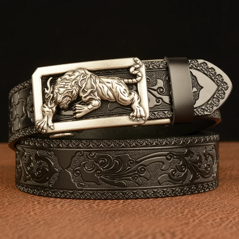 Fashion Tigger Buckle with Tang Grass Pattern Leather Belt for Men Work of Art Belt Automatic Buckle Business Belt Metal Buckle