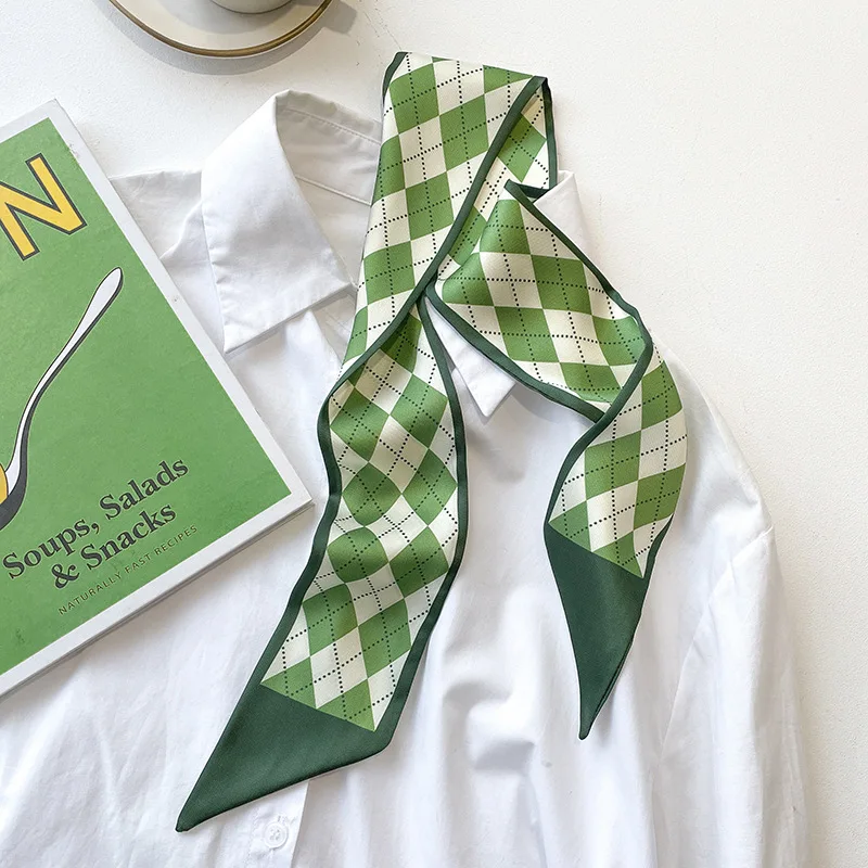 

Luxury brand woman scarf Green small silk scarf women's spring and summer narrow streamer hairband tied hair tied bag decorative