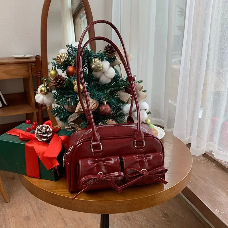 Рождественская винно-красная женская сумка через плечо с бантом дизайнерская